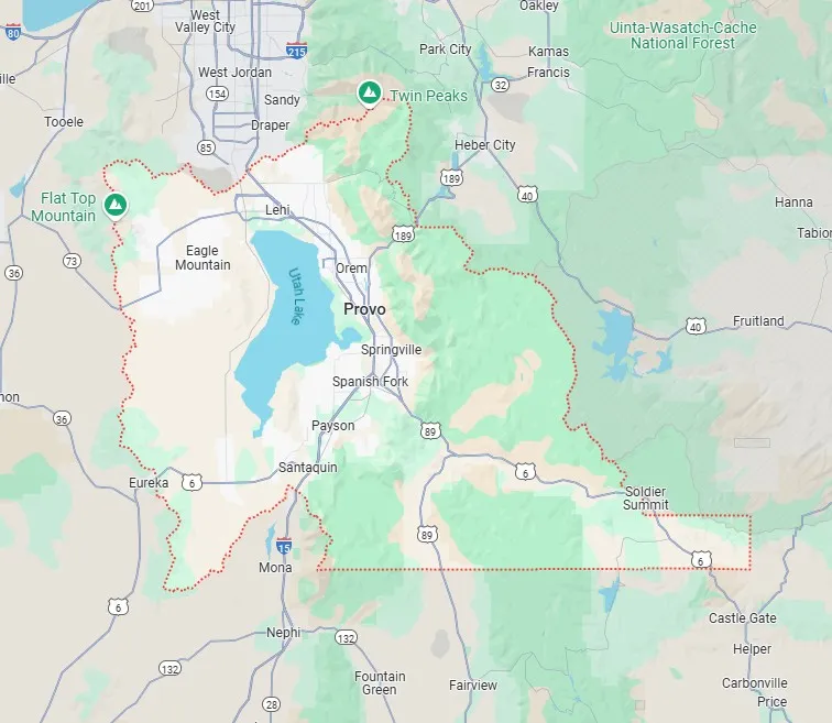 Map of Utah County, UT, pest control service area for Bliss Pest Services