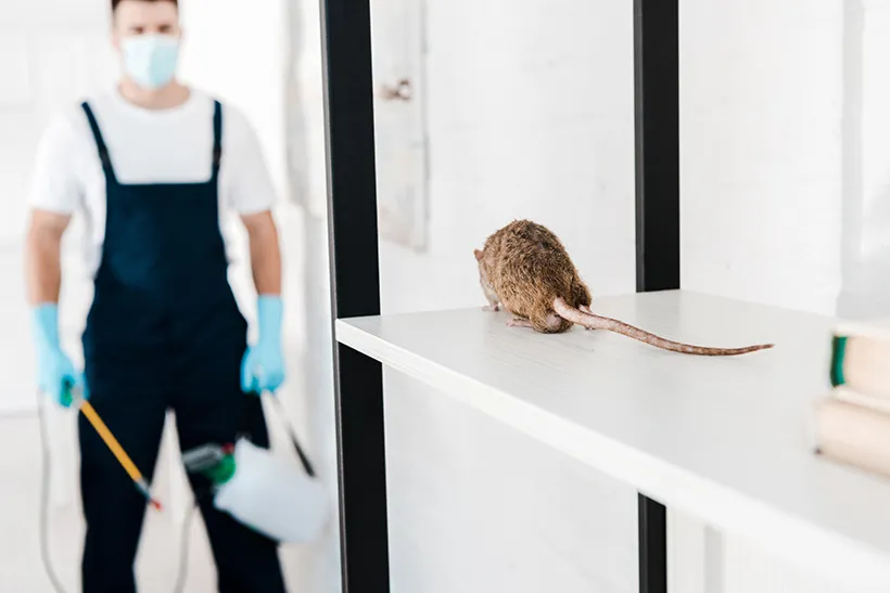 Exterminator in gloves inspecting a rat on a white shelf, rat control in Salt Lake City, UT